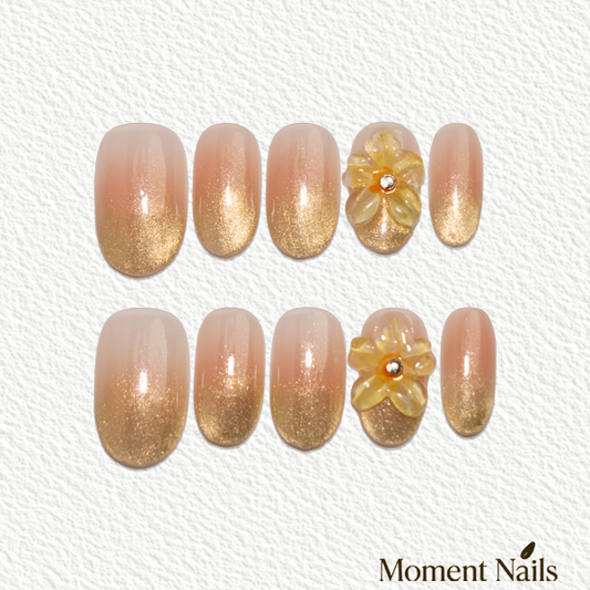 Summer Glass Flower Press-On Nails | Handmade 3D Floral Gold Ombre