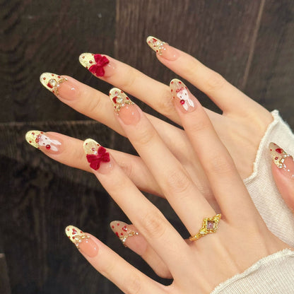 Red-Gold Bunny-Bow Oval Press-On Nails