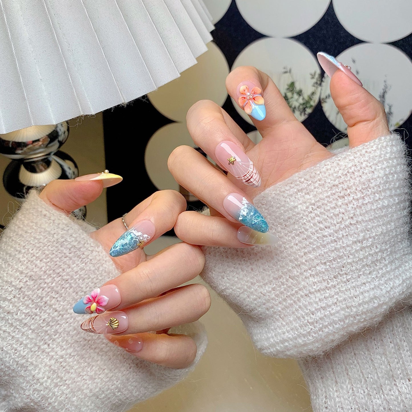 Summer Ocean Almond Press-On Nails