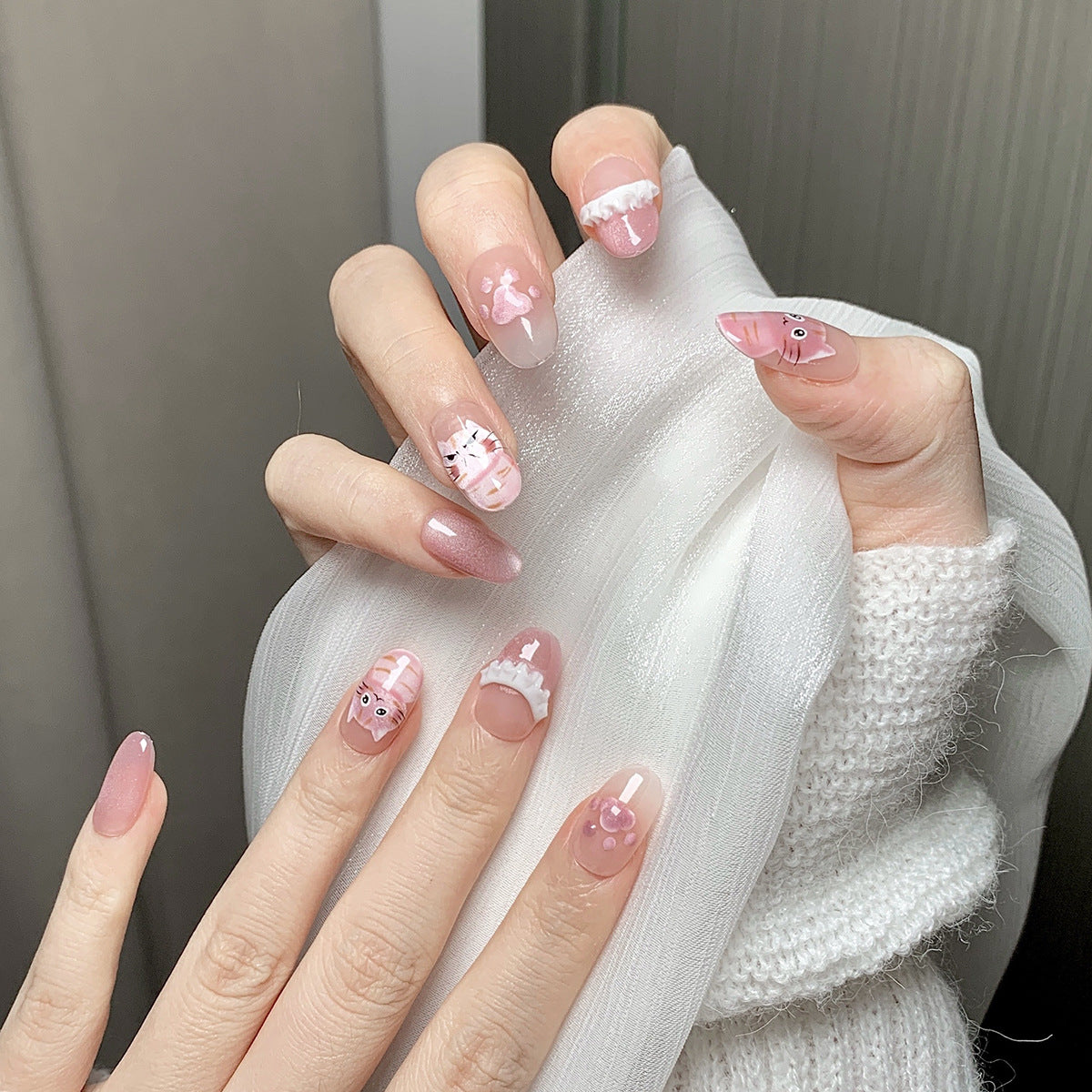 Cute Cat Pink Almond  Press-On Nails