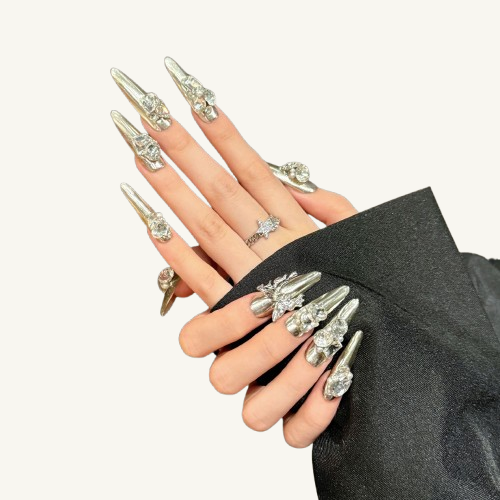 Aurora Silver Press-On Nails | Long Stiletto Handmade  Fake Nails