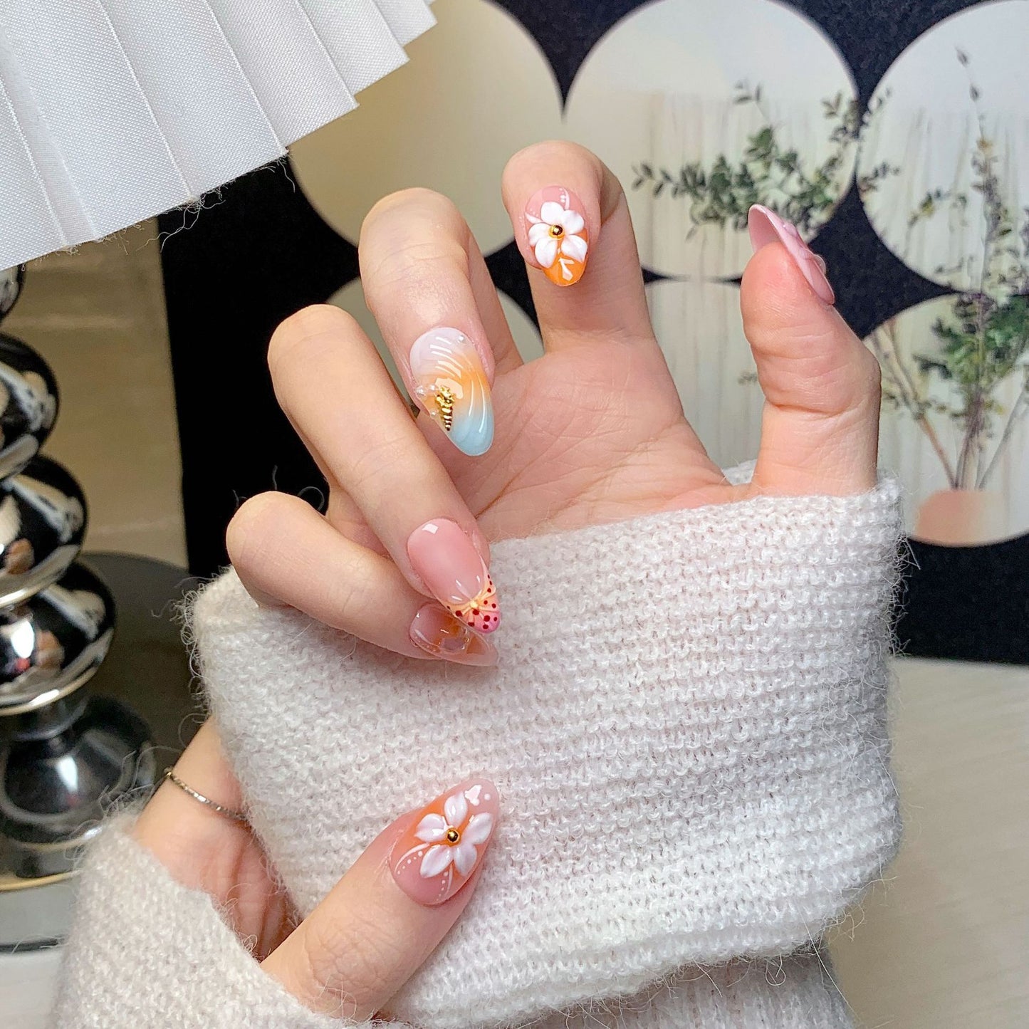 Orange-Pink Floral Short Almond Press-On Nails