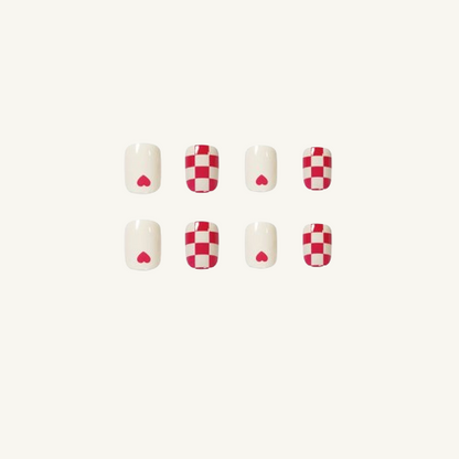 Love Mood Press-On Nails | Creamy Yellow Pink Checkerboard Oval