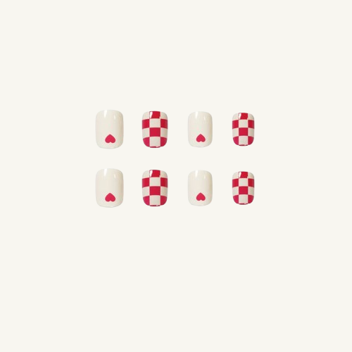 Love Mood Press-On Nails | Creamy Yellow Pink Checkerboard Oval