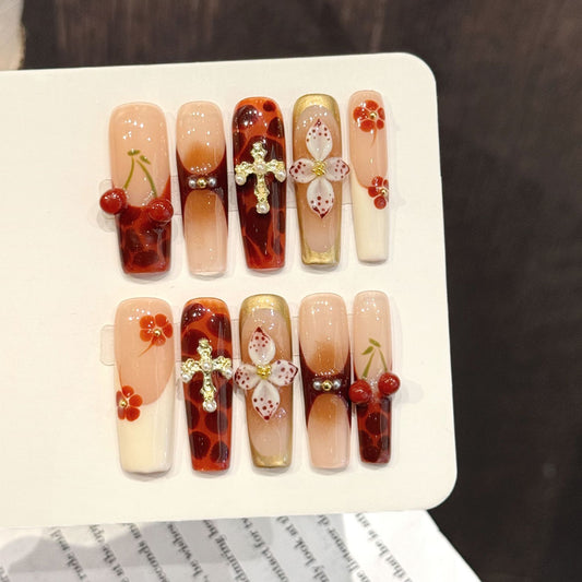 Cherry Cross Square Press-On Nails