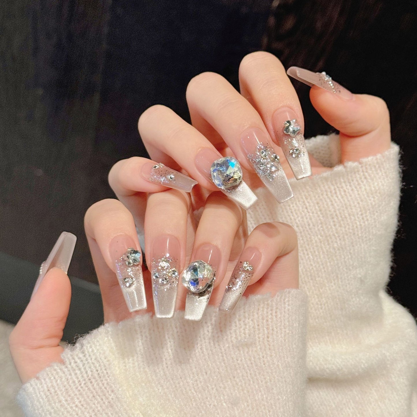 Silver Diamond Long Tapered Square Press-On Nails
