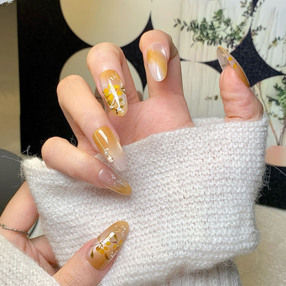 Warm Yellow Chinese Floral-Bird Press-On Nails