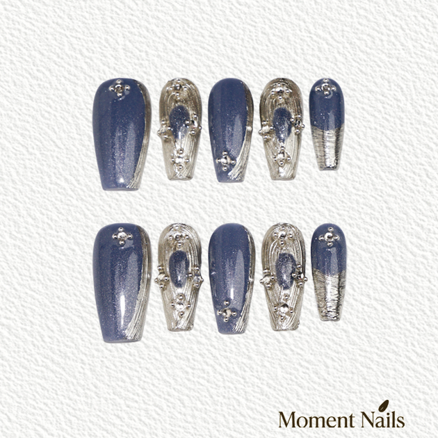 Deep Sea Cat Eye Press On Nails | Metal Relief Handmade Long Coffin