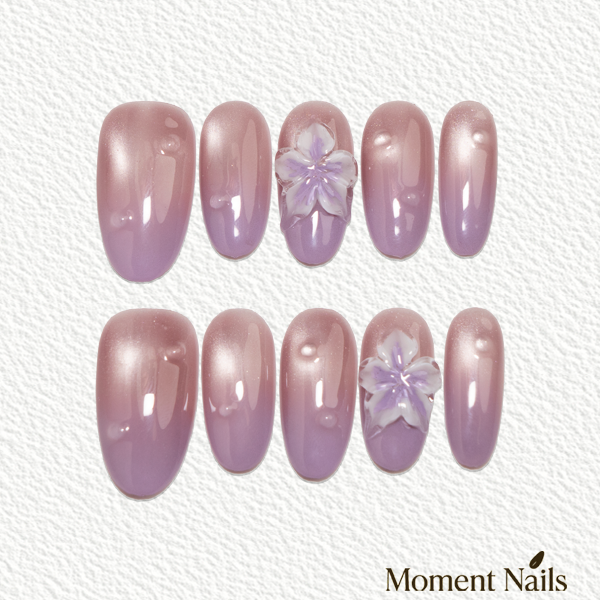 Lilac After Rain Press-On Nails | Handmade 3D Flower Cat Eye Oval