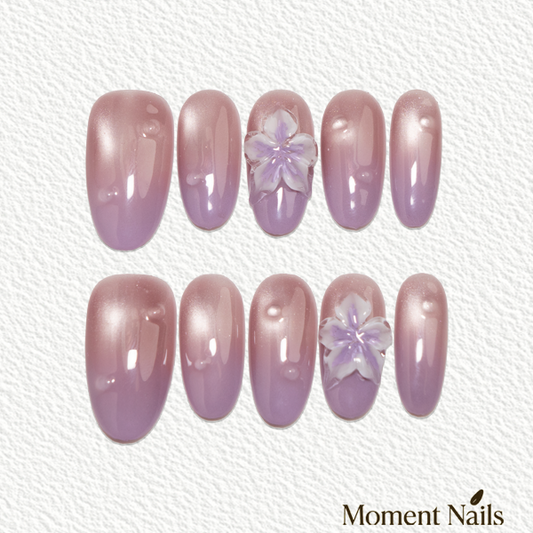 Lilac After Rain Press-On Nails | Handmade 3D Flower Cat Eye Oval