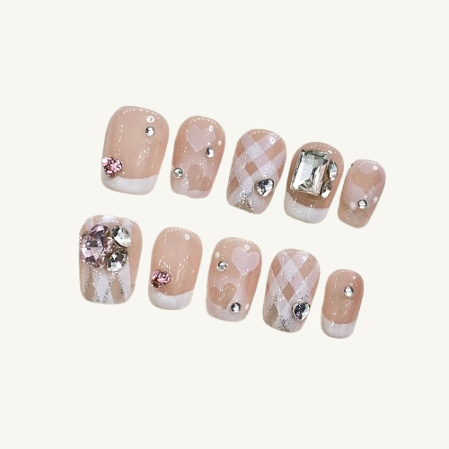 Pink Gem Plaid Press-On Nails | Handmade Checkerboard Oval