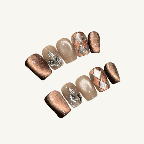 Cozy Winter Press-On Nails | Handmade Cat Eye Crystal Leaf Square