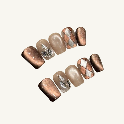 Cozy Winter Press-On Nails | Handmade Cat Eye Crystal Leaf Square