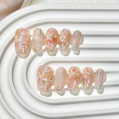 3D Flower Short Square-Round Press-On Nails