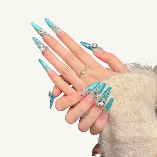 Icy Teal Cat Eye Press-On Nails |  Long Almond Handmade Fake Nails