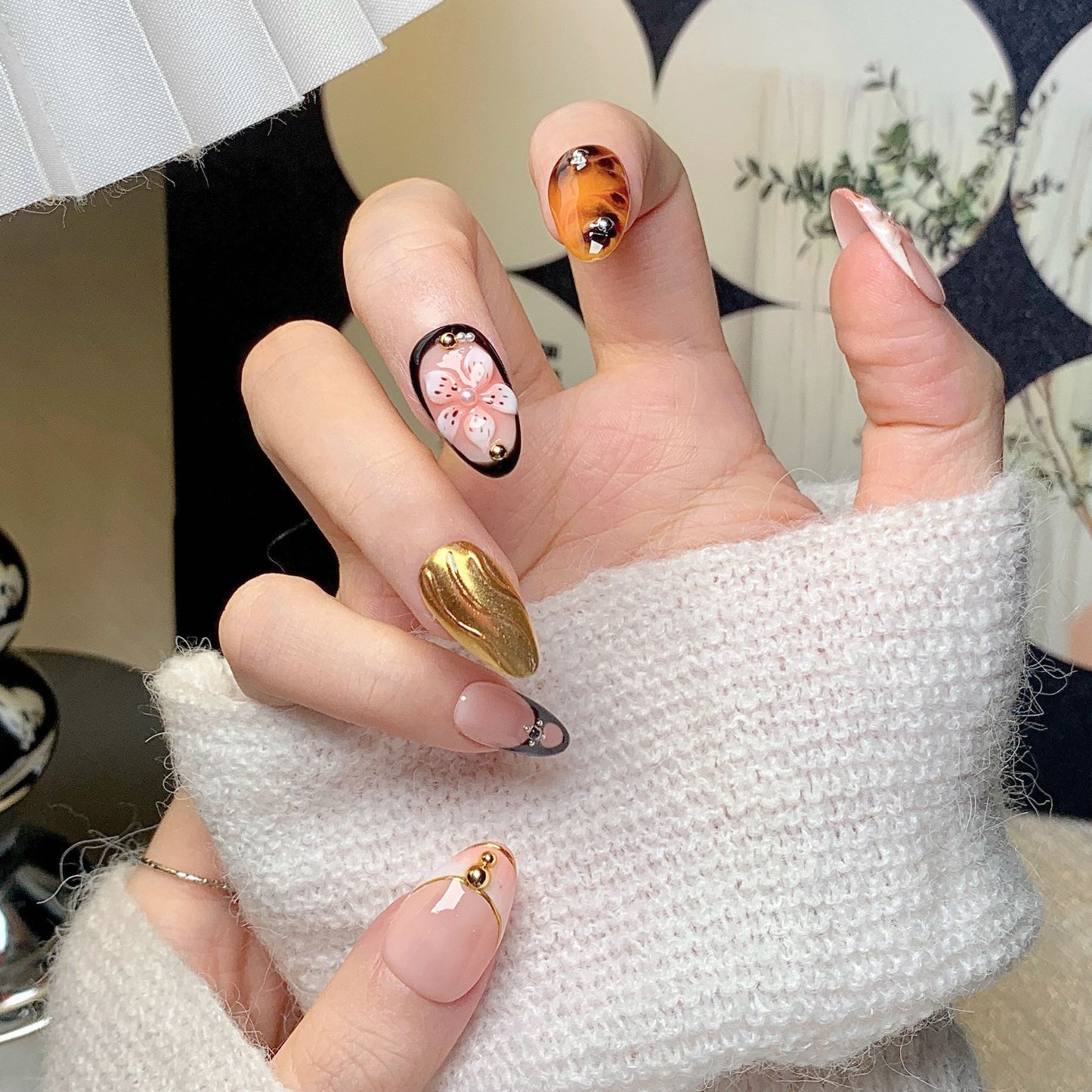 Pink-Brown Gold Short Almond Press-On Nails