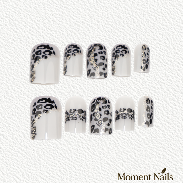 Leopard & Silver Press-Ons | Milky White Base | Square