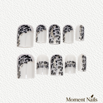 Leopard & Silver Press-Ons | Milky White Base | Square