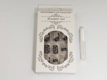 Leopard & Silver Press-Ons | Milky White Base | Square