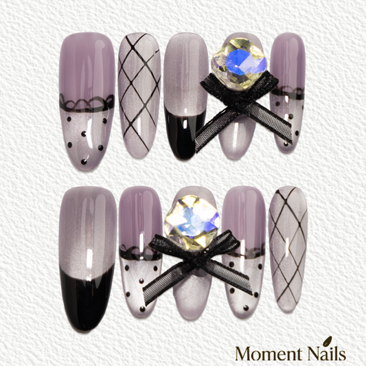 Lace Polka Dot Press-On Nails | Handmade Vintage Bow Gem Oval