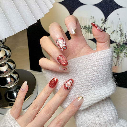 Cherry Blossom Red Square-Round Press-On Nails