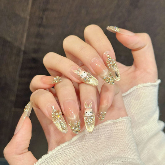 Peach Bunny Sparkle Long Oval Press-On Nails