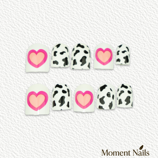 Cow Print & Heart Press-On Nails | Pink Jelly Oval