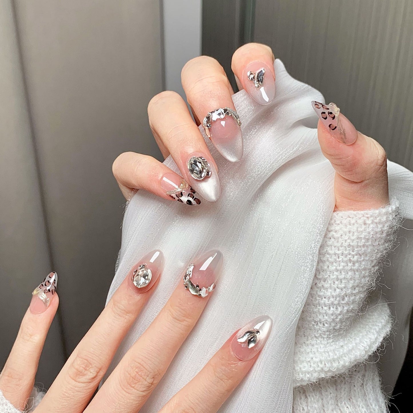 Pink Sheer Leopard Diamond Stiletto Press-On Nails