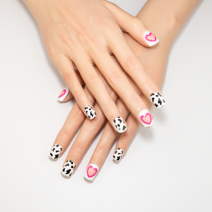 Cow Print & Heart Press-On Nails | Pink Jelly Oval