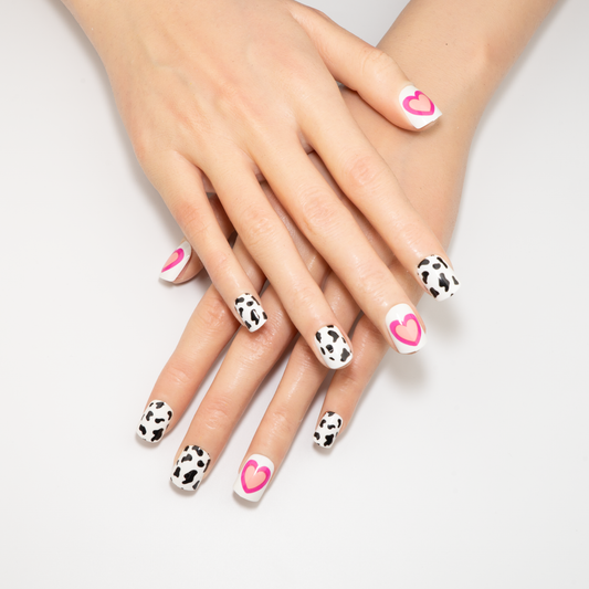 Cow Print & Heart Press-On Nails | Pink Jelly Oval