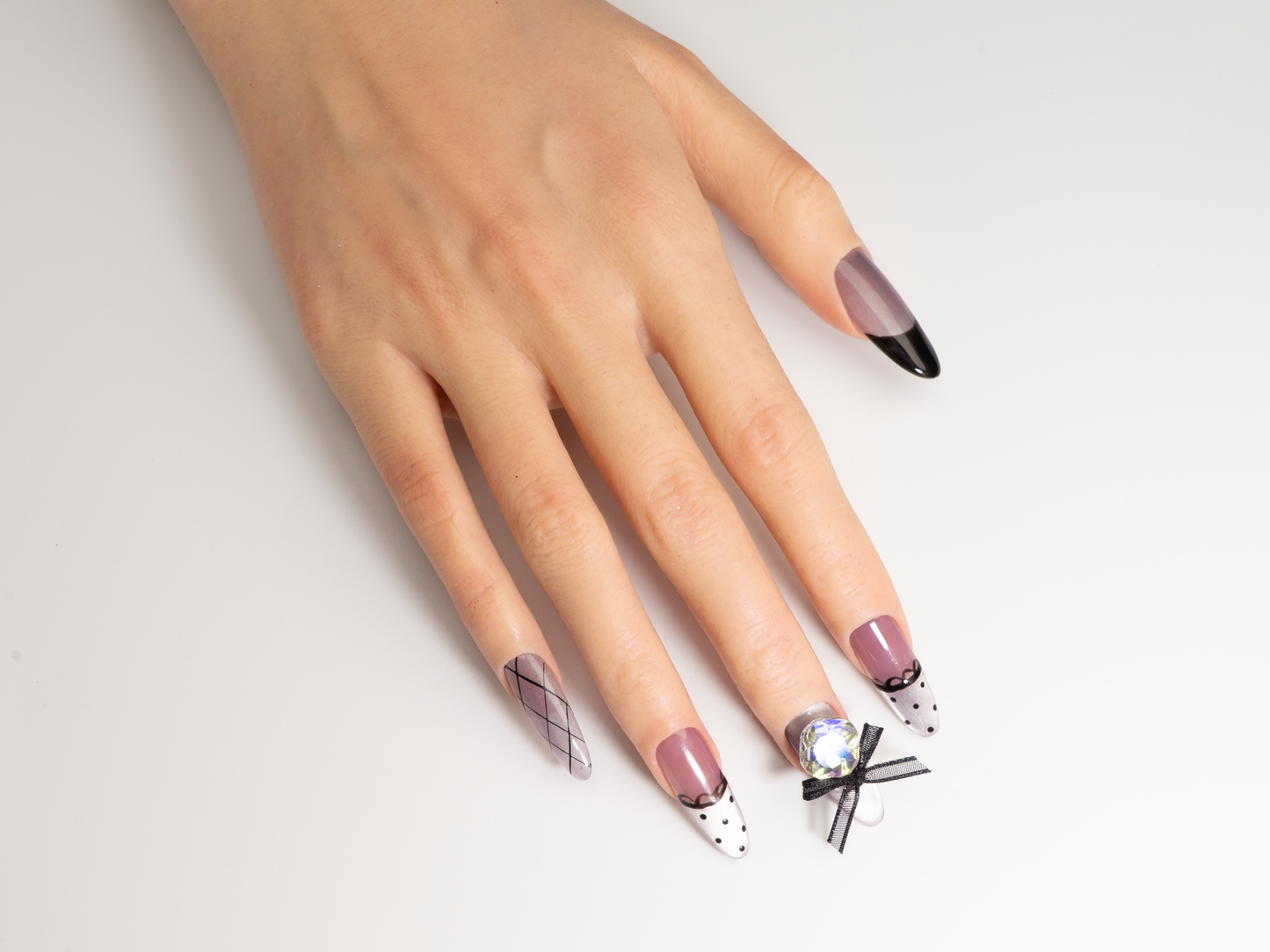 Lace Polka Dot Press-On Nails | Handmade Vintage Bow Gem Oval