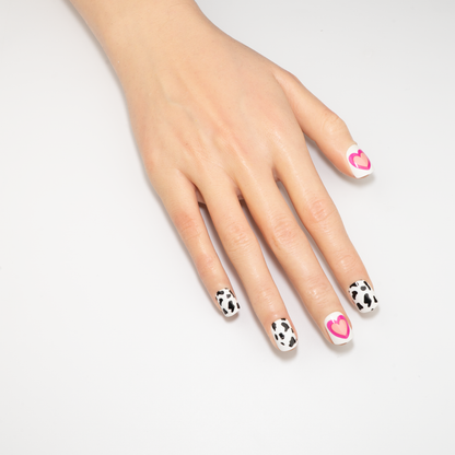 Cow Print & Heart Press-On Nails | Pink Jelly Oval