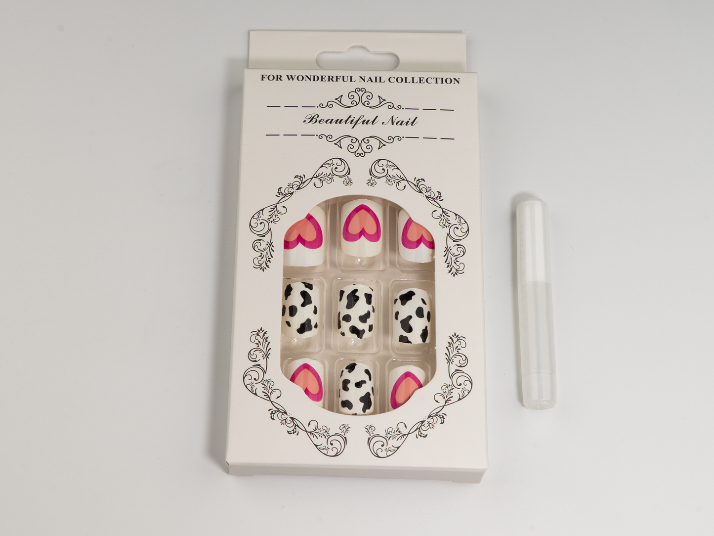 Cow Print & Heart Press-On Nails | Pink Jelly Oval