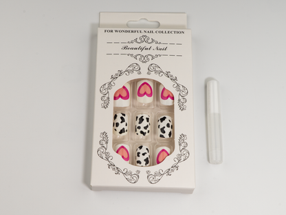 Cow Print & Heart Press-On Nails | Pink Jelly Oval