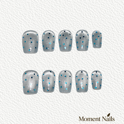 Summer Vibe Press-On Nails | Handmade Silver Blue Glitter Mix Coffin