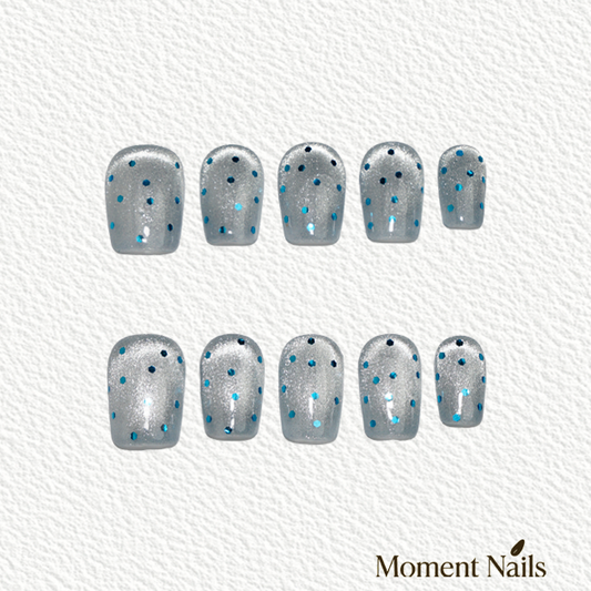 Summer Vibe Press-On Nails | Handmade Silver Blue Glitter Mix Coffin