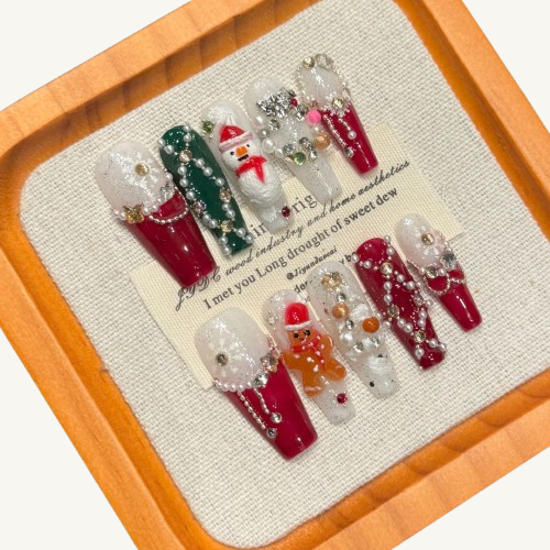 Winter's Tale Press-On Nails | Handmade Jeweled Snowman Coffin
