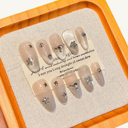 Ice Cat Eye Press-On Nails |Handmade Ice Crystal Almond Nails