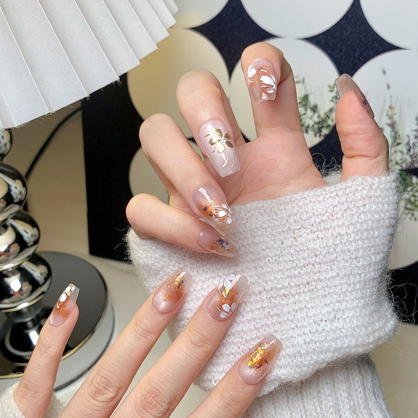 Translucent Orange Gold Foil Squoval Press-On Nails