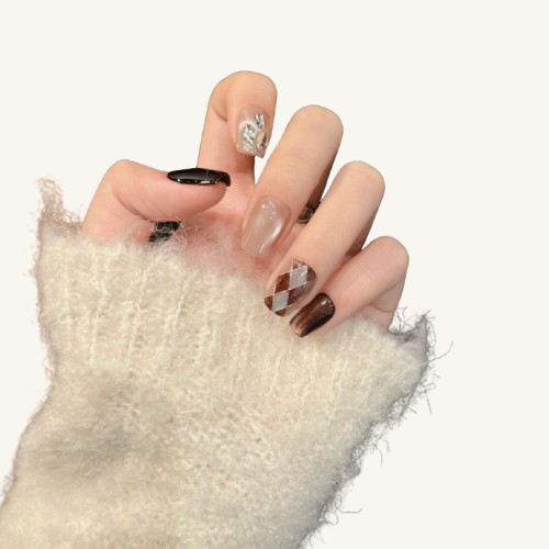 Cozy Winter Press-On Nails | Handmade Cat Eye Crystal Leaf Square