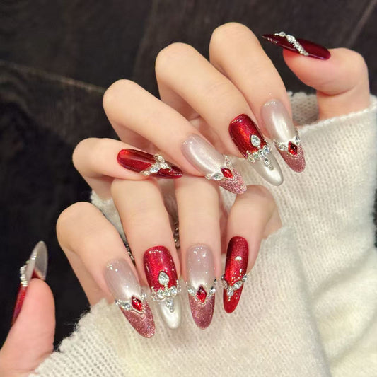 Red Silver Gem Oval Press-On Nails