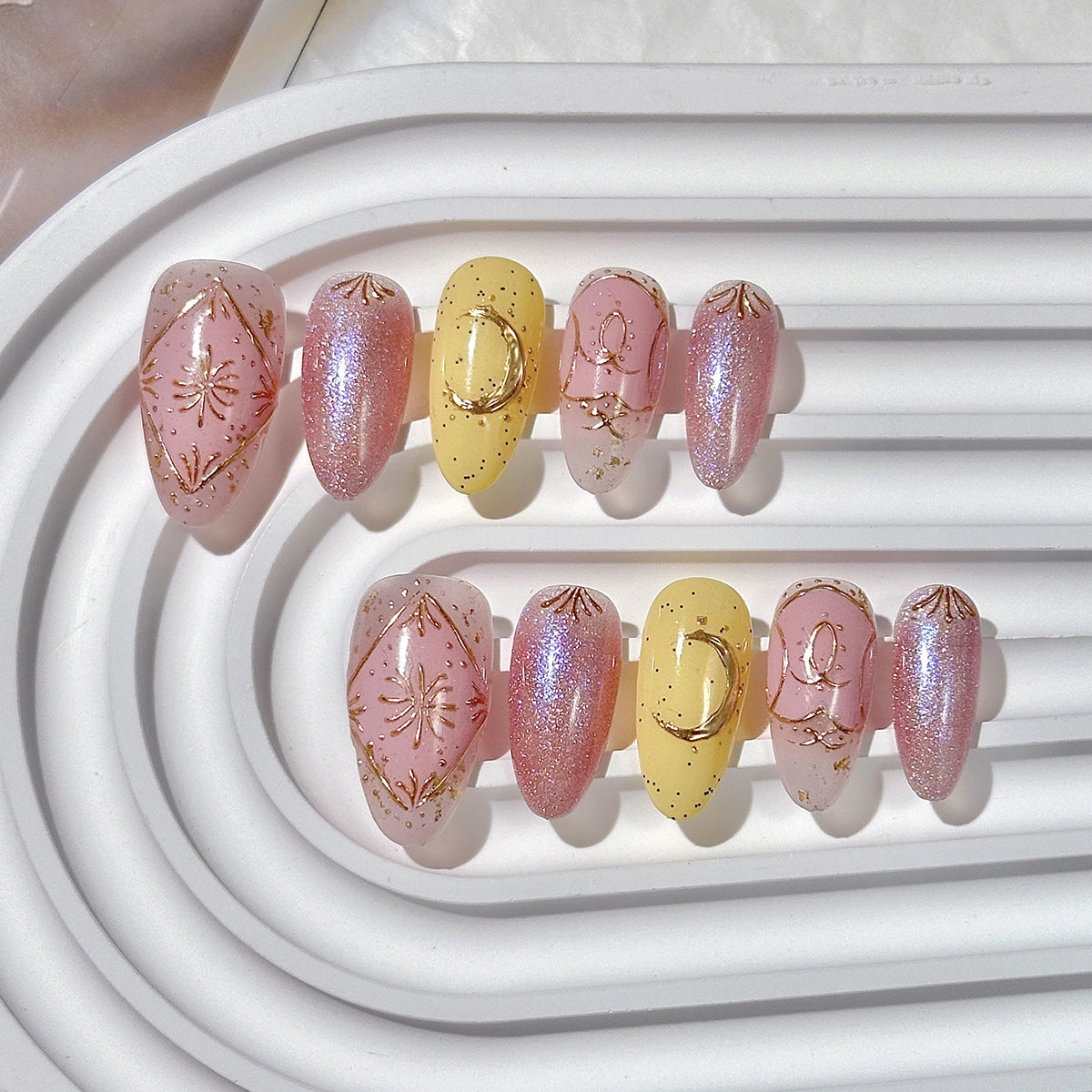 Sweet Star-Moon Almond Press-On Nails