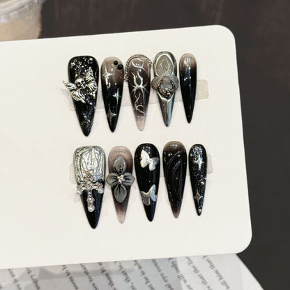 Black Silver Skull Long Stiletto Press-On Nails