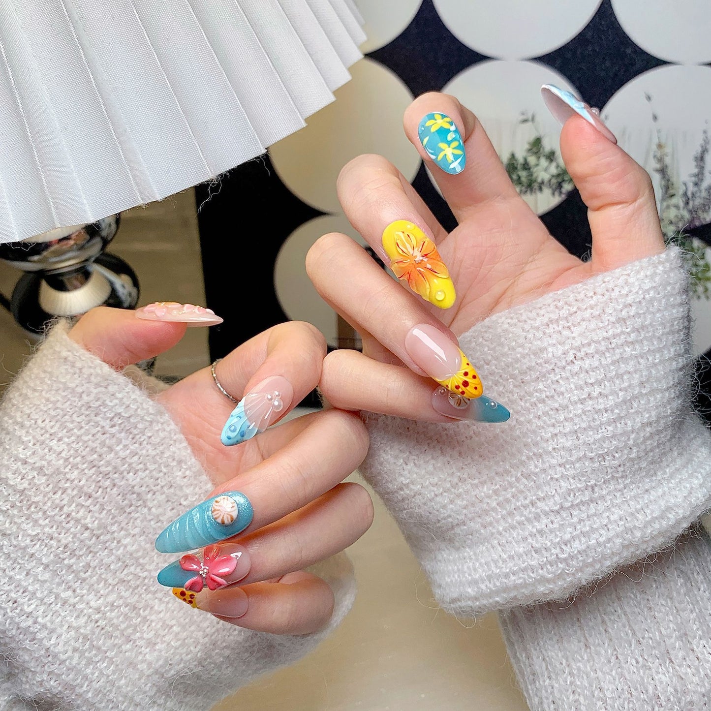Colorful Floral Almond Press-On Nails