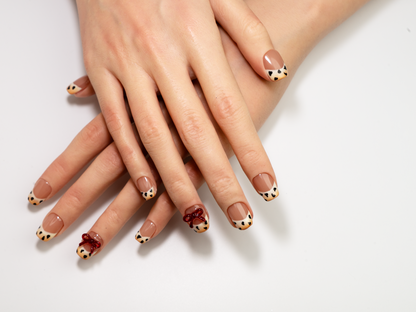 Leopard Bow Press-On Nails | Handmade Nude French Red Ribbon Coffin