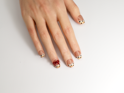 Leopard Bow Press-On Nails | Handmade Nude French Red Ribbon Coffin