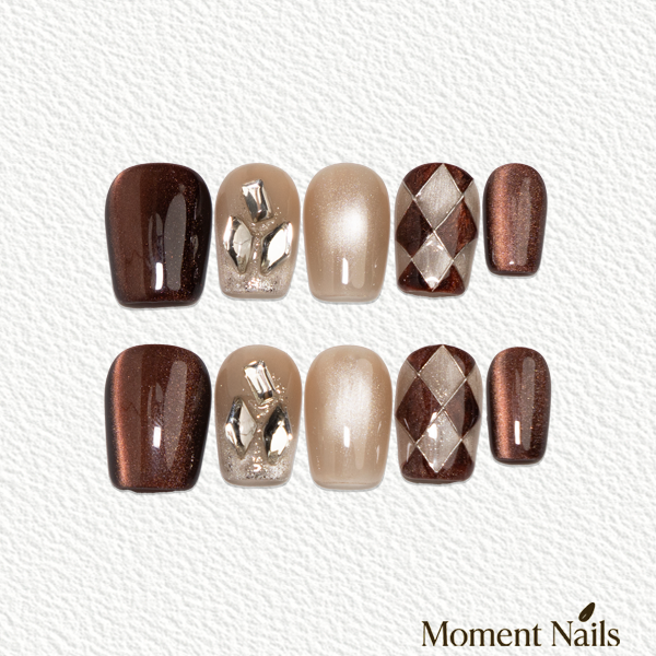 Cozy Winter Press-On Nails | Handmade Cat Eye Crystal Leaf Square