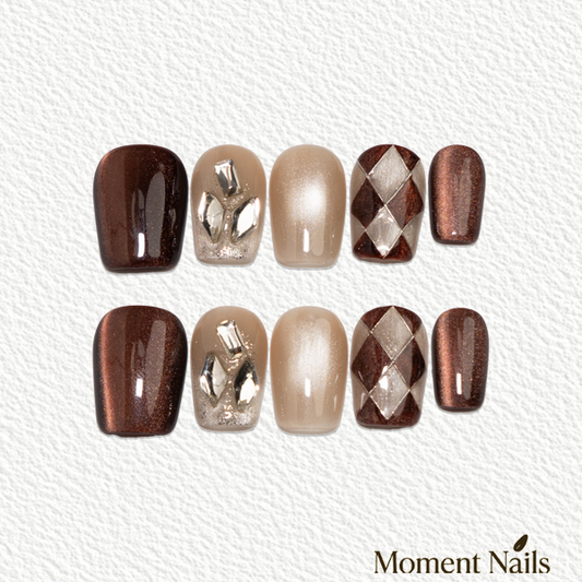 Cozy Winter Press-On Nails | Handmade Cat Eye Crystal Leaf Square