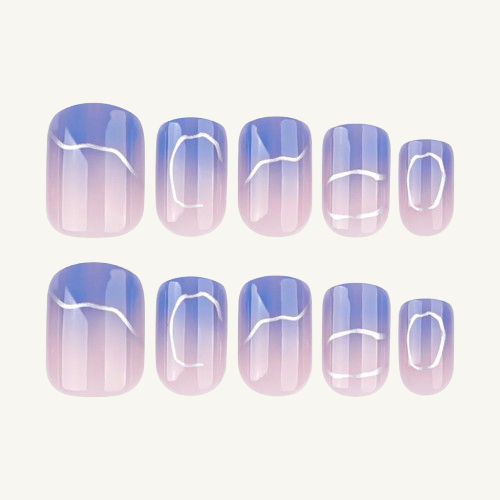 Watercolor Blue Press-On Nails | Silver Line Short Square