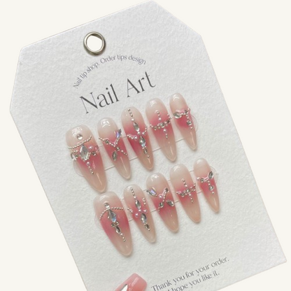 V-Cut Crystal French Press-On Nails | Hand-Set Rhinestone Nude Almond